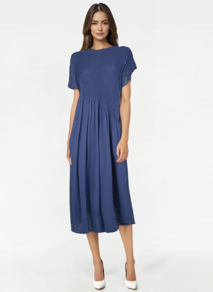 5250008 Combo Pleats Midi Dress *Blue
