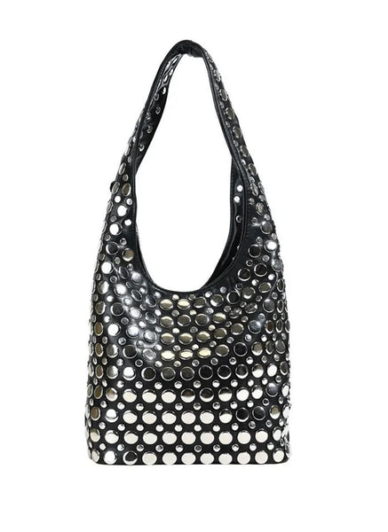 3250094 Studded Shoulder Leather Bag *Black