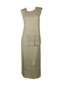 4250004 Burnt Flower Pleated Top & Tassel Skirt Set *Beige
