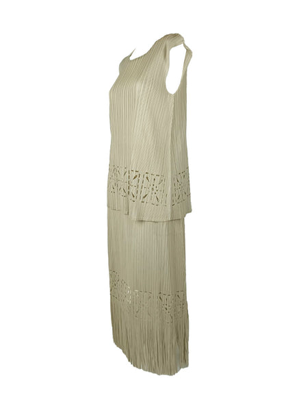 4250004 Burnt Flower Pleated Top & Tassel Skirt Set *Beige
