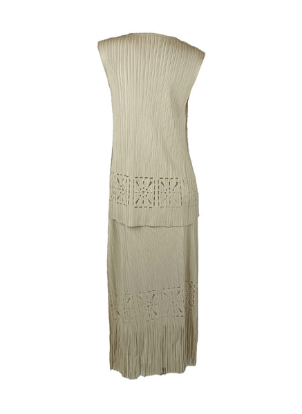 4250004 Burnt Flower Pleated Top & Tassel Skirt Set *Beige