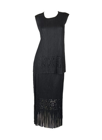 4250004 Burnt Flower Pleated Top & Tassel Skirt Set *Black