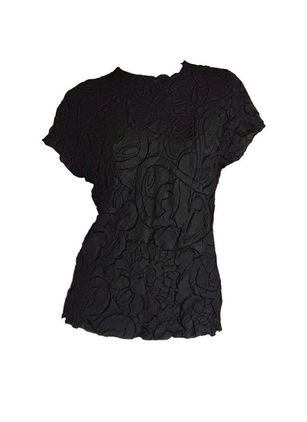 4250008 Round Neck Short Sleeve Pleated Top *Black