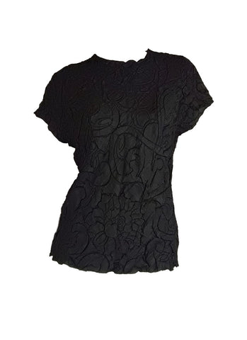 4250008 Round Neck Short Sleeve Pleated Top *Black
