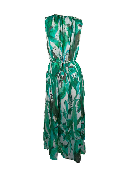 4250018 Round Neck Waist Tie Sleeveless Ramie Dress *Blue