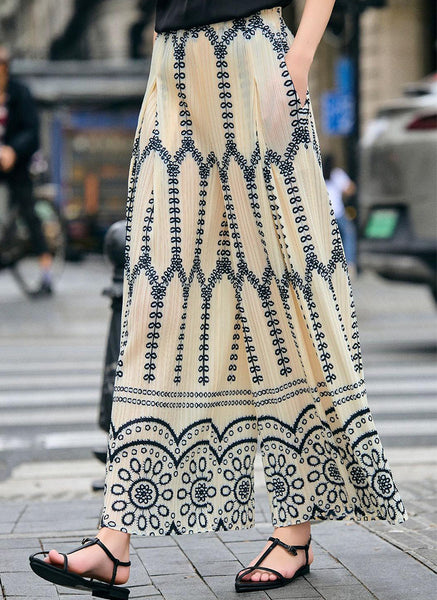 4250022 Ink Embroidered Wide Leg Pleated Pants *Cream