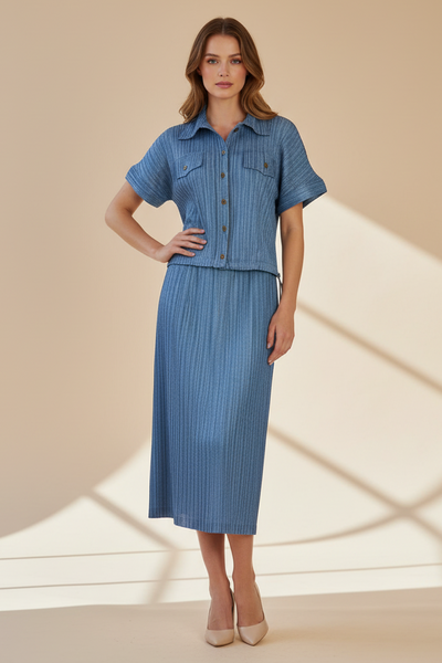 Denim Pleated Top & Skirt Set