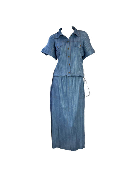 Denim Pleated Top & Skirt Set