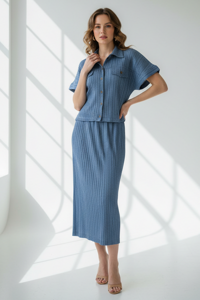 Denim Pleated Top & Skirt Set