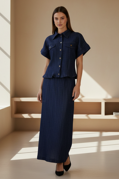 Denim Pleats Top & Skirt Set