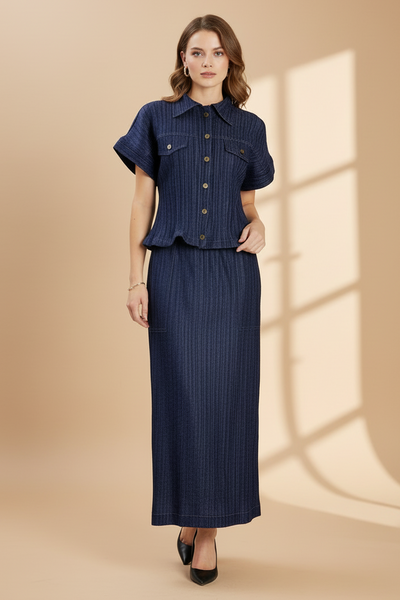 Denim Pleats Top & Skirt Set