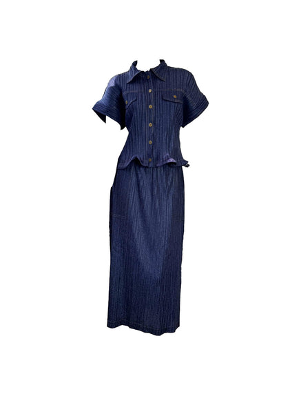 Denim Pleats Top & Skirt Set