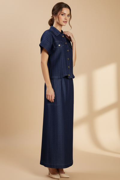 Denim Pleats Top & Skirt Set