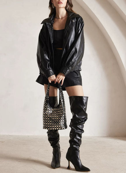 3250094 Studded Shoulder Leather Bag *Black