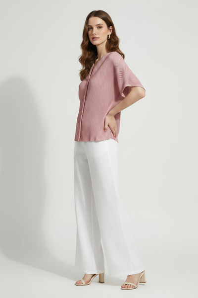 Striped V-neckline Pleats Top