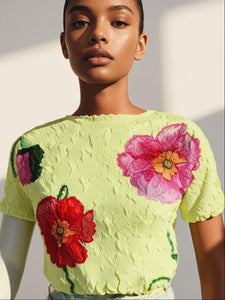 5250002 Floral Wrinkled Pleats Top
