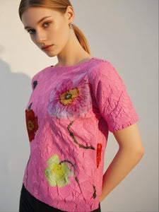5250002 Floral Wrinkled Pleats Top