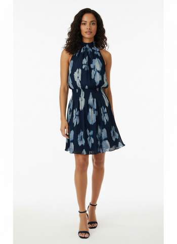 High Neck Sleeveless Pleated Mini Dress