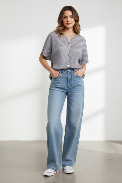 Striped V-neckline Pleats Top