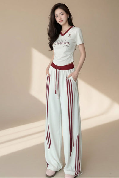 Graphic Tee & Red Striped Wide Leg Pants