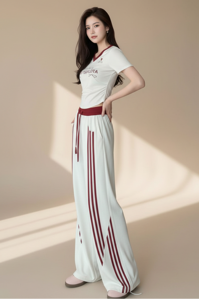 Graphic Tee & Red Striped Wide Leg Pants
