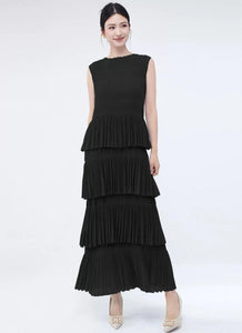 3250018 Round Neck Sleeveless Ruffles Pleated Dress