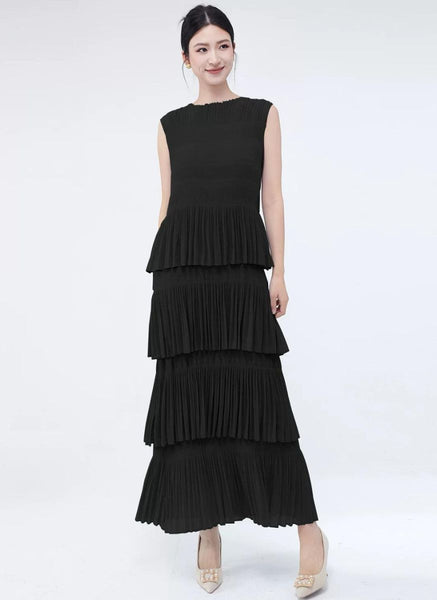 3250018 Round Neck Sleeveless Ruffles Pleated Dress