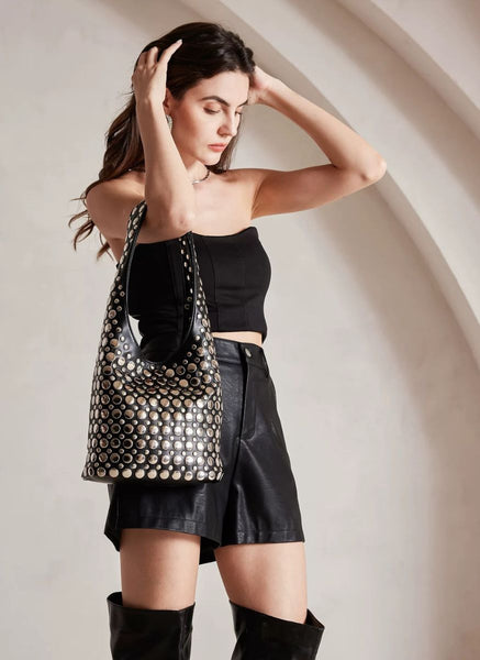 3250094 Studded Shoulder Leather Bag *Black