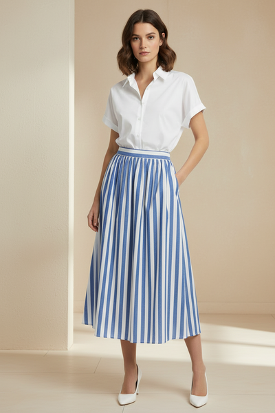 Button Blouse & Striped Skirt