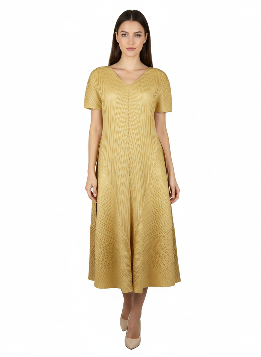 Puff Sleeves Midi Pleated Dress