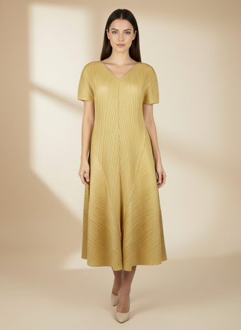 Puff Sleeves Midi Pleated Dress