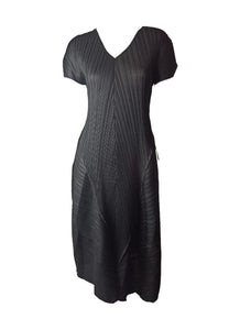7250002 Puff Sleeves Midi Pleated Dress