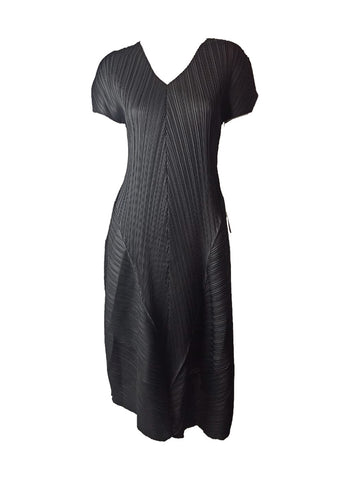 7250002 Puff Sleeves Midi Pleated Dress