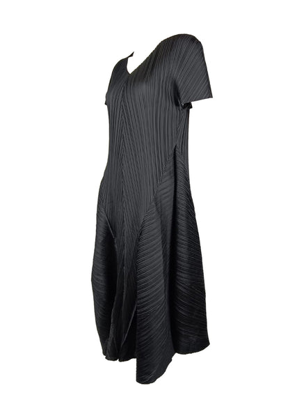 7250002 Puff Sleeves Midi Pleated Dress