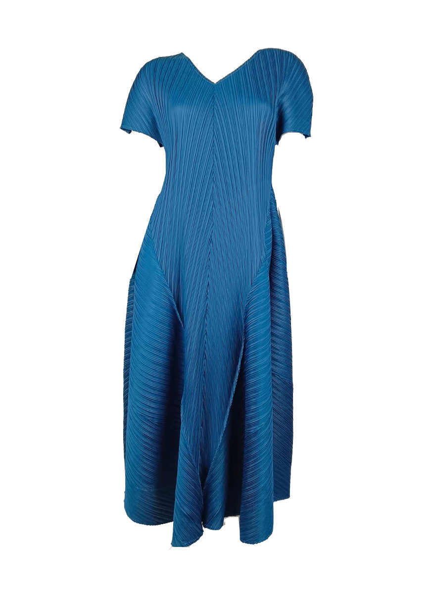 7250002 Puff Sleeves Midi Pleated Dress
