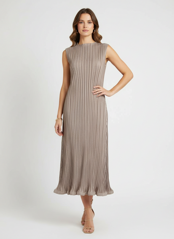 Glossy Sheen Pleated Midi Dress