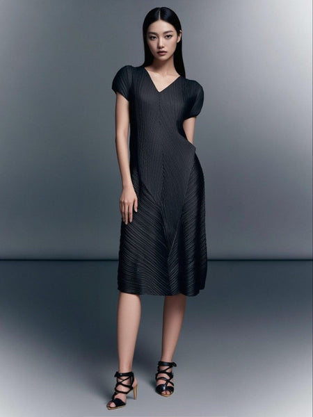 7250002 Puff Sleeves Midi Pleated Dress