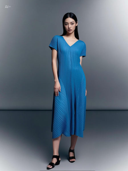 7250002 Puff Sleeves Midi Pleated Dress