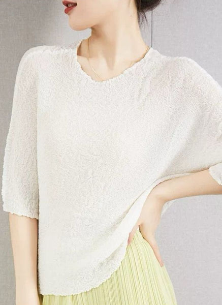 3250027 Round Neck Short Sleeved Pleats Top *White