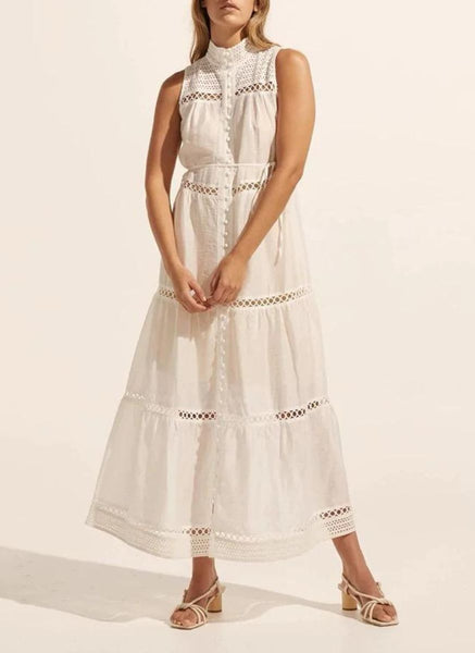 4250012 Hollow Embroidery Sleeveless Maxi Dress *White