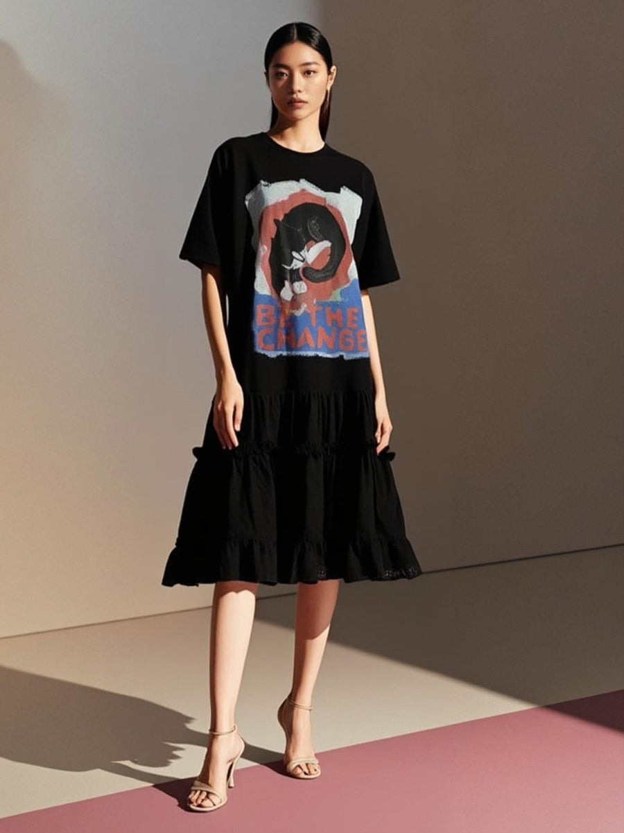 8250002 Graphic Cat Ruffle Dress