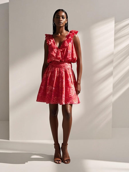 Woman wearing a red dress with ruffled sleeves against a white background
