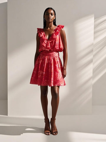 Woman wearing a red dress with ruffled sleeves against a white background
