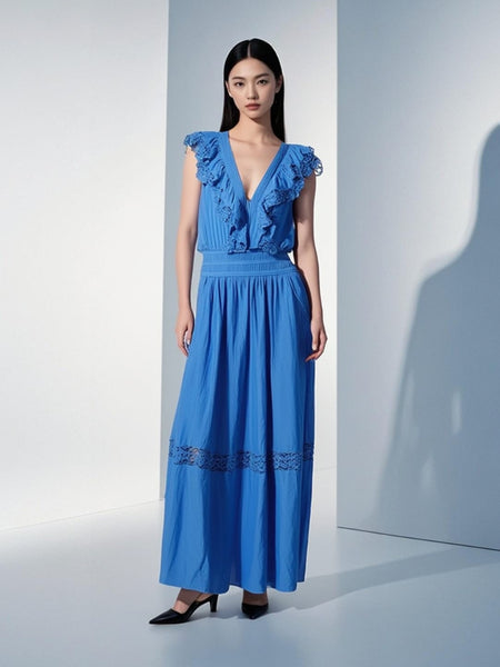 8250014 Ruffle Lace Maxi Dress