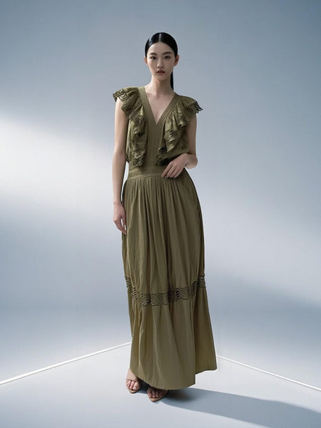 8250014 Ruffle Lace Maxi Dress
