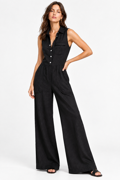 Button Front Wide Leg Jumpsuit