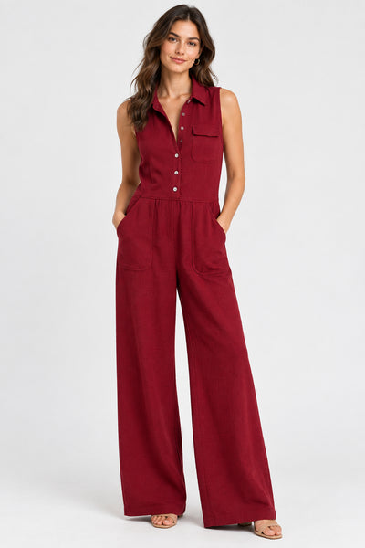 Button Front Wide Leg Jumpsuit