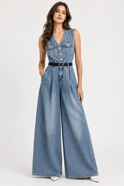 Button Front Denim Jumpsuit