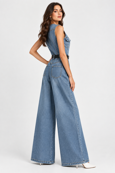 Button Front Denim Jumpsuit