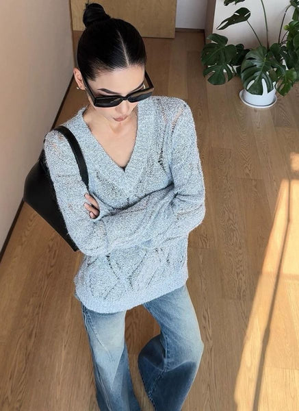 3250092 V-Neck Long Sleeve Knit Sweater *Blue